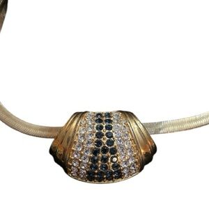 Vintage Ellen Kiam gold tone sapphire & clear rhinestone shell pendant necklace